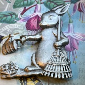 Silver Metal Signed JJ Gardening Rabbit Brooch with Garden Tools - 2” x 1 1/2”